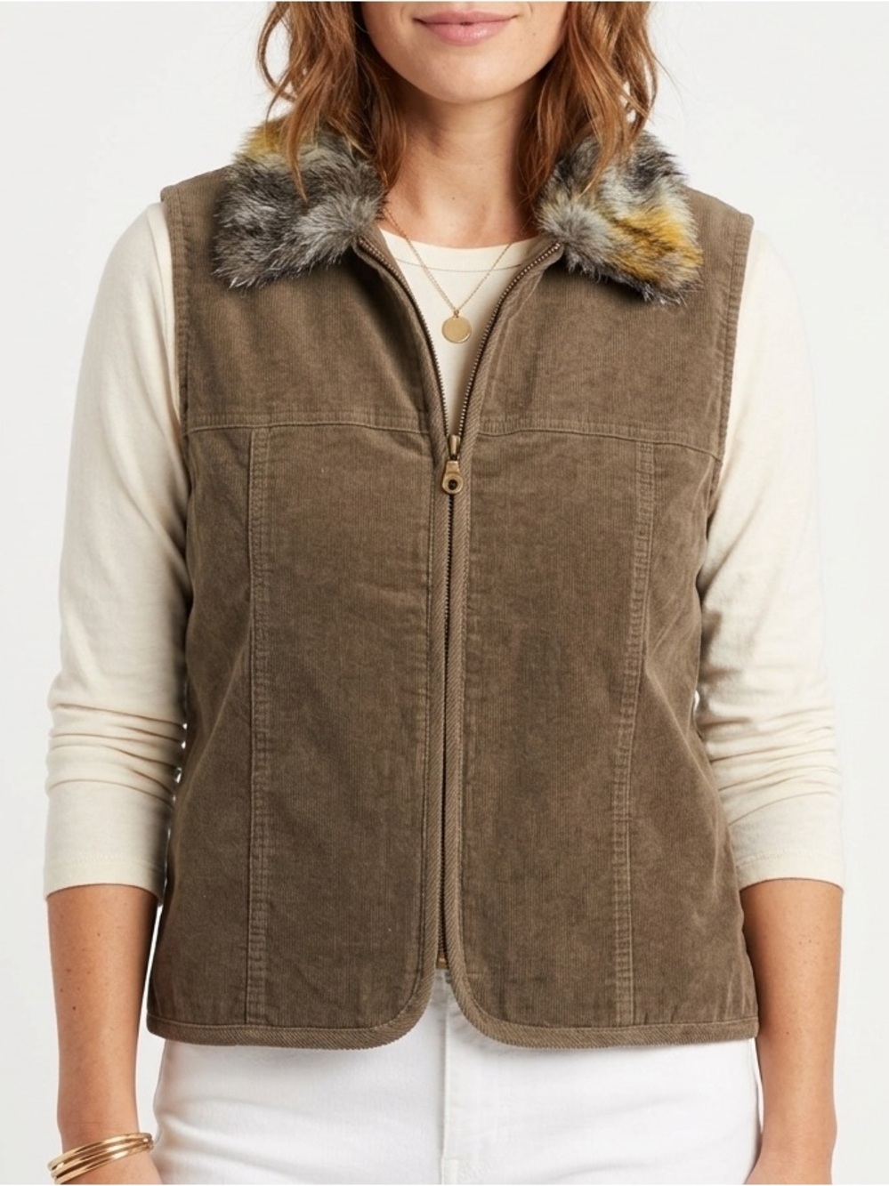 G.W. Division Of Graff Women’s Corduroy Zip Vest Faux Fur Collar Brown Sz L USA
